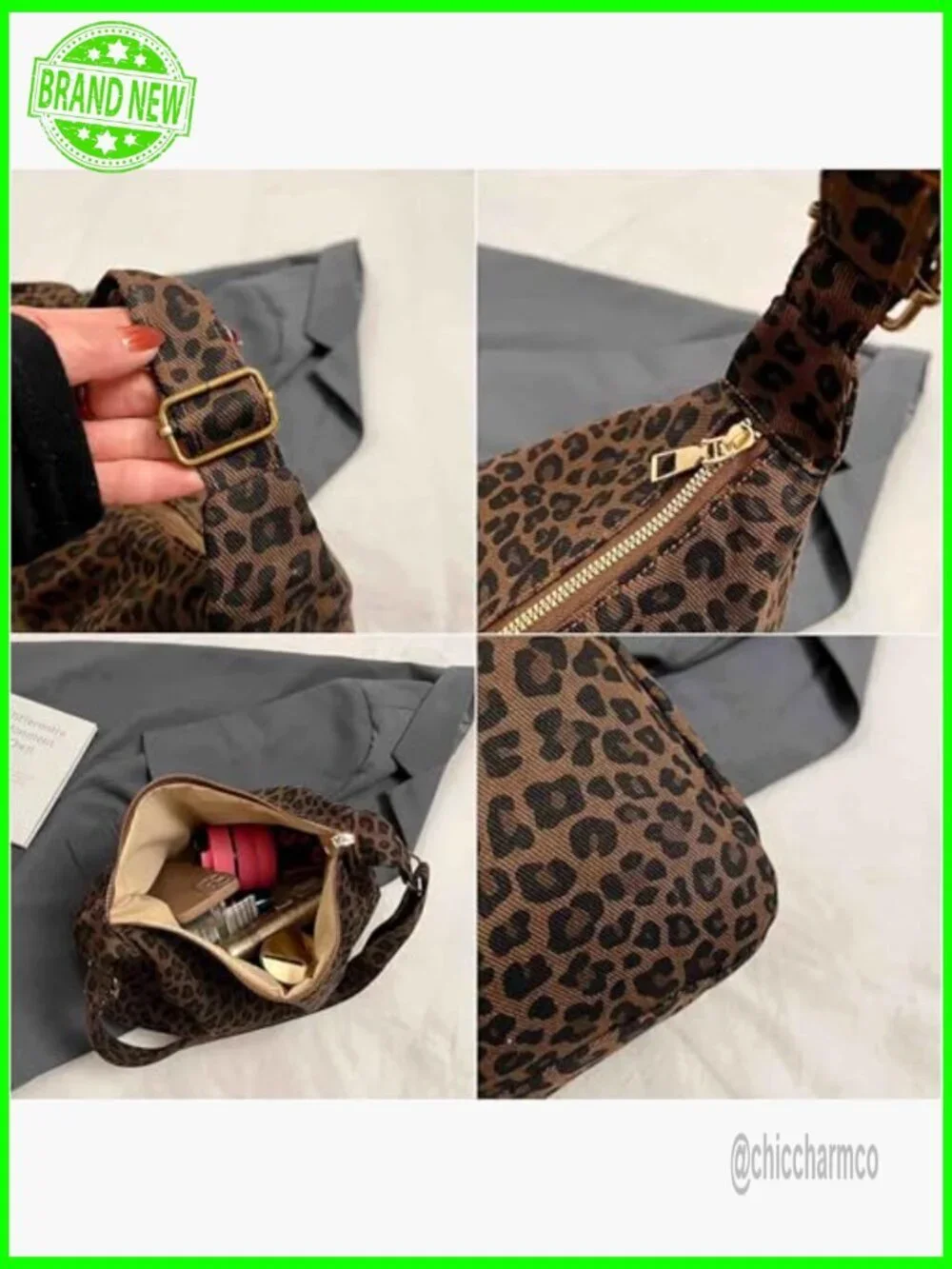 Leopard Print Canvas Hobo Shoulder Bag Adjustable Strap Zipper Closure
